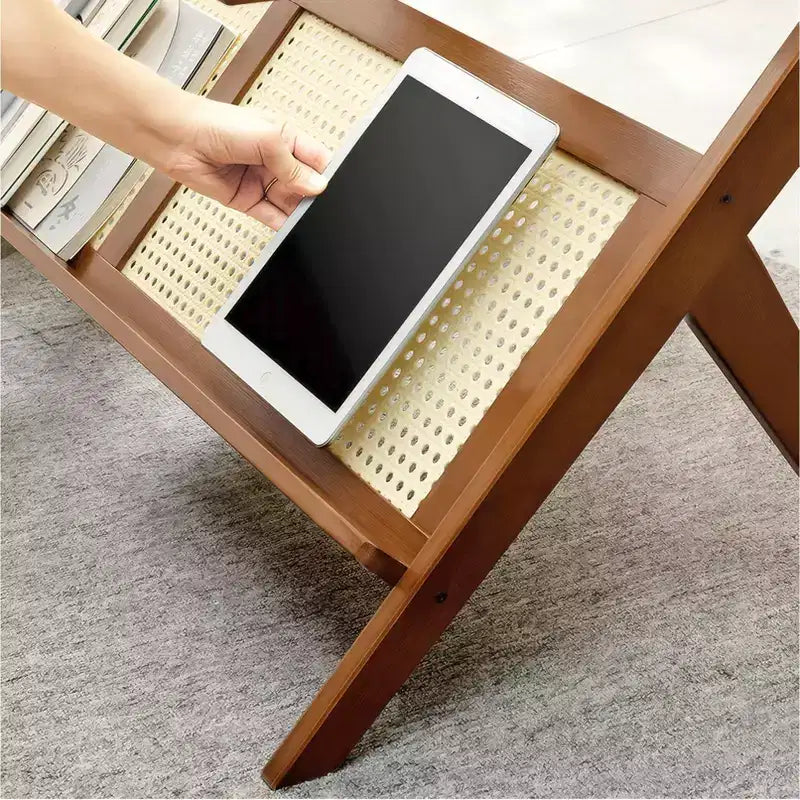 GDFStudio Gnar Tables basses en bois de style moderne du milieu du siècle de 100 cm avec plateau en verre et étagère en rotin