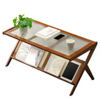 GDFStudio Gnar Tables basses en bois de style moderne du milieu du siècle de 100 cm avec plateau en verre et étagère en rotin