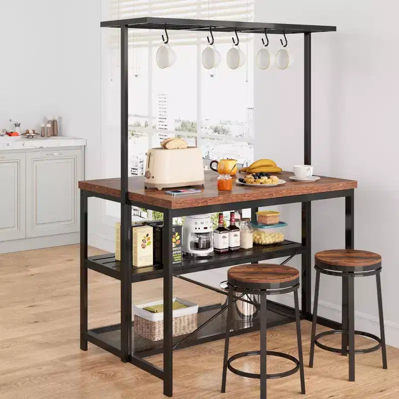Kitchen Island, 3-Tier Kitchen Island Table, Farmhouse Microwave Stand with Storage, Metal Frame Bakers Rack for Dining Room