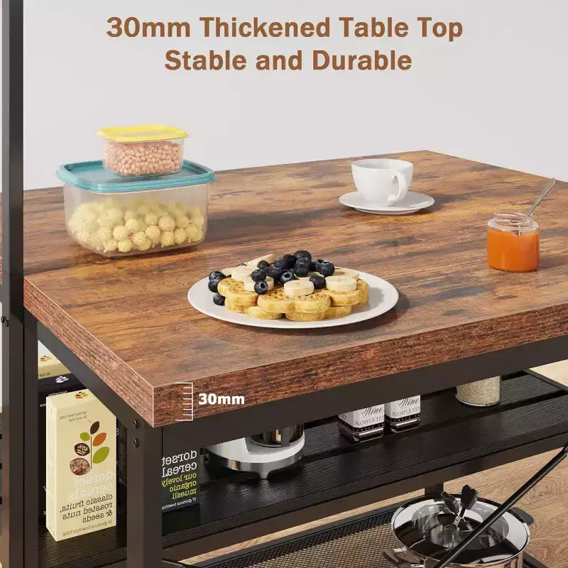 Îlot de cuisine, Table îlot de cuisine à 3 niveaux, Support de micro-ondes de style ferme avec rangement, Étagère de boulangerie à cadre métallique pour salle à manger