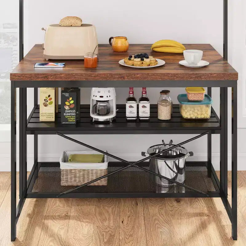 Îlot de cuisine, Table îlot de cuisine à 3 niveaux, Support de micro-ondes de style ferme avec rangement, Étagère de boulangerie à cadre métallique pour salle à manger