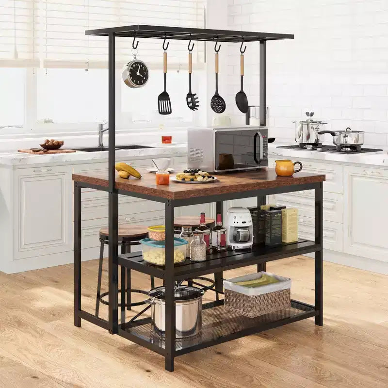 Îlot de cuisine, Table îlot de cuisine à 3 niveaux, Support de micro-ondes de style ferme avec rangement, Étagère de boulangerie à cadre métallique pour salle à manger