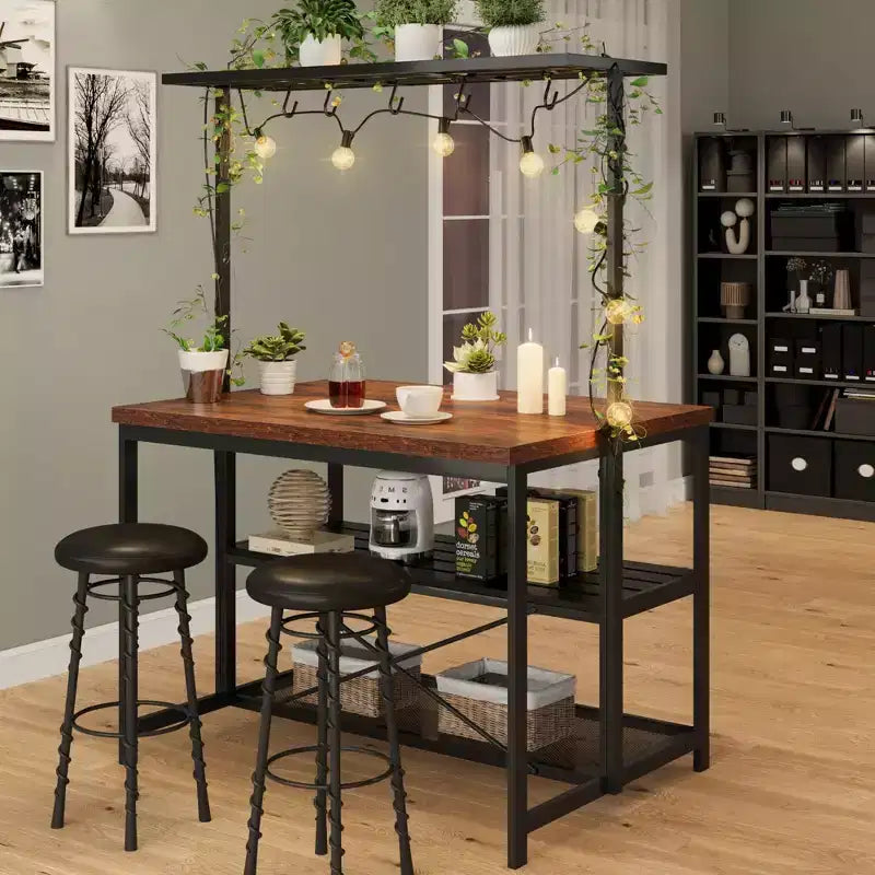 Îlot de cuisine, Table îlot de cuisine à 3 niveaux, Support de micro-ondes de style ferme avec rangement, Étagère de boulangerie à cadre métallique pour salle à manger