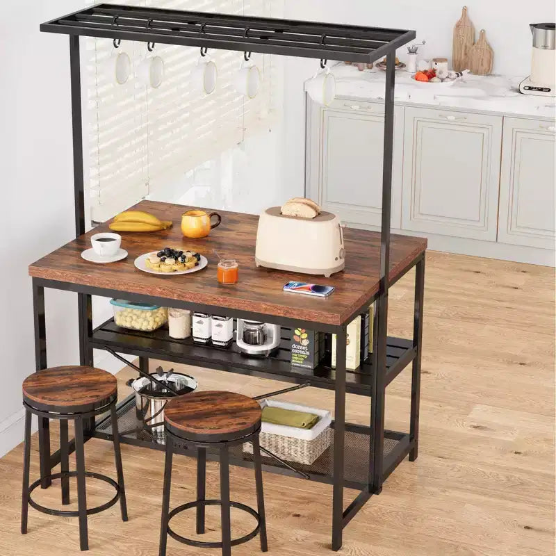 Îlot de cuisine, Table îlot de cuisine à 3 niveaux, Support de micro-ondes de style ferme avec rangement, Étagère de boulangerie à cadre métallique pour salle à manger
