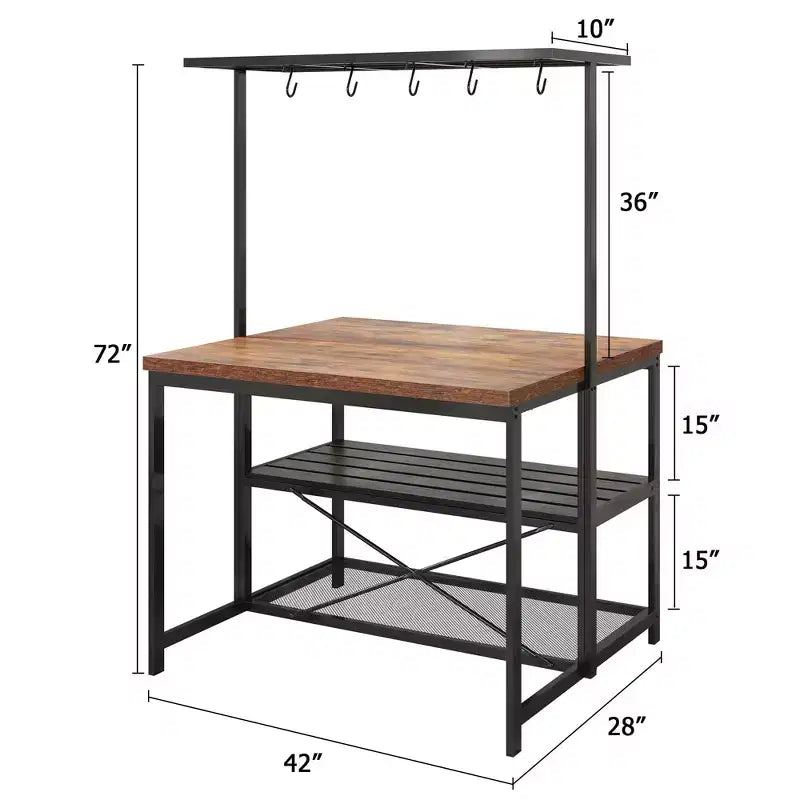 Îlot de cuisine, Table îlot de cuisine à 3 niveaux, Support de micro-ondes de style ferme avec rangement, Étagère de boulangerie à cadre métallique pour salle à manger