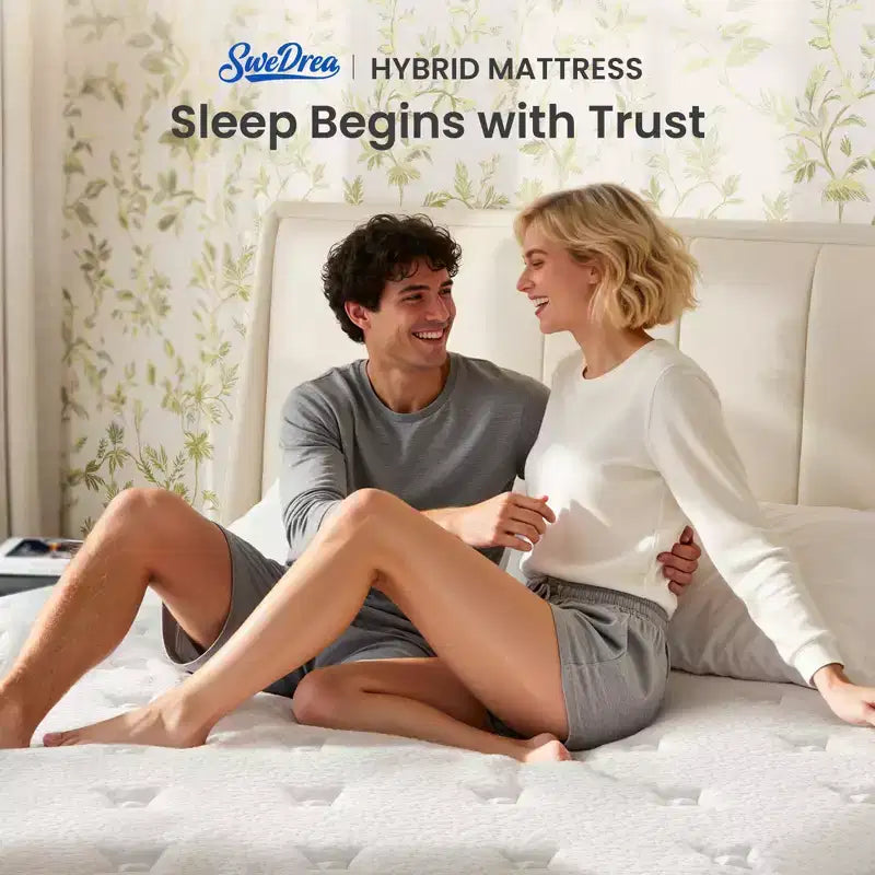 Matelas hybride Swedrea en mousse à mémoire de forme à gel rafraîchissant antistatique, fermeté moyenne, anti-sensibilité, blanc