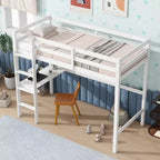MAYEERTY Lit mezzanine double, lit mezzanine en bois d'hévéa avec garde-corps de sécurité, bureau intégré blanc