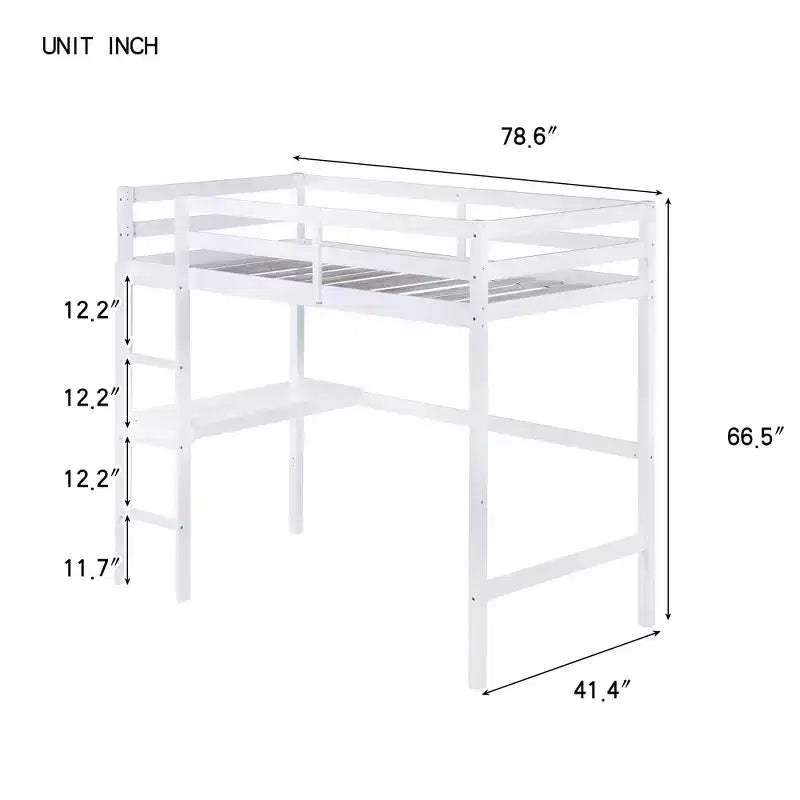 MAYEERTY Lit mezzanine double, lit mezzanine en bois d'hévéa avec garde-corps de sécurité, bureau intégré blanc