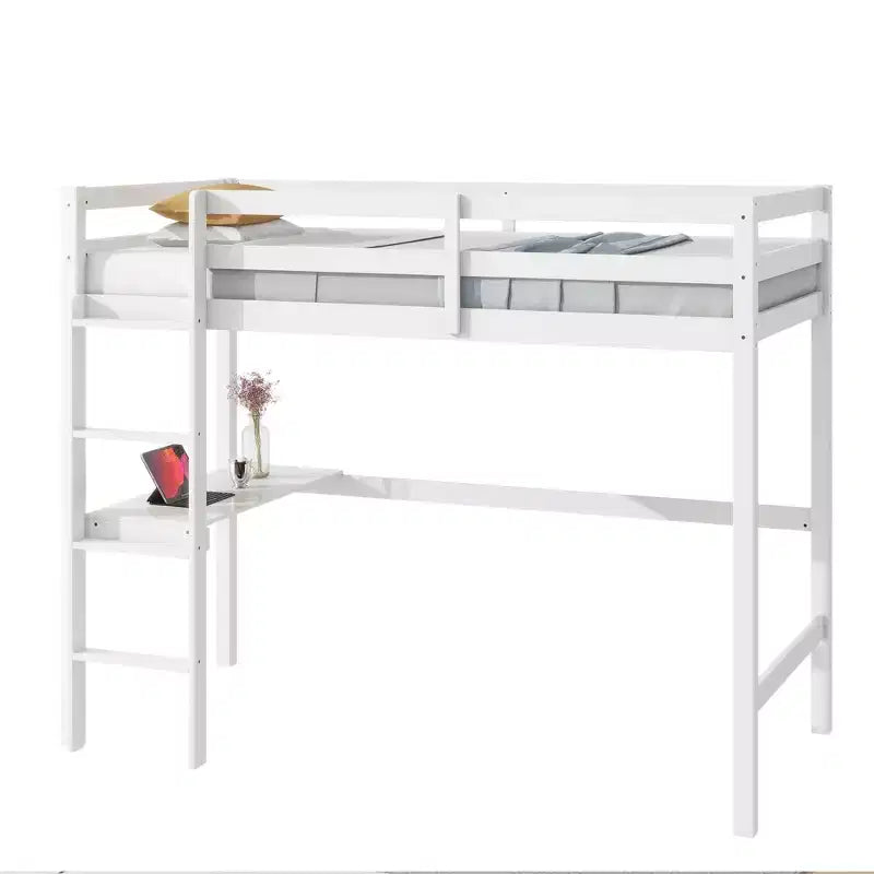 MAYEERTY Lit mezzanine double, lit mezzanine en bois d'hévéa avec garde-corps de sécurité, bureau intégré blanc