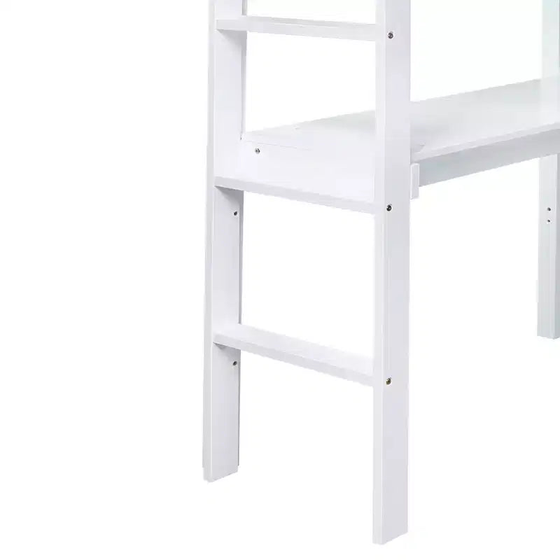 MAYEERTY Lit mezzanine double, lit mezzanine en bois d'hévéa avec garde-corps de sécurité, bureau intégré blanc