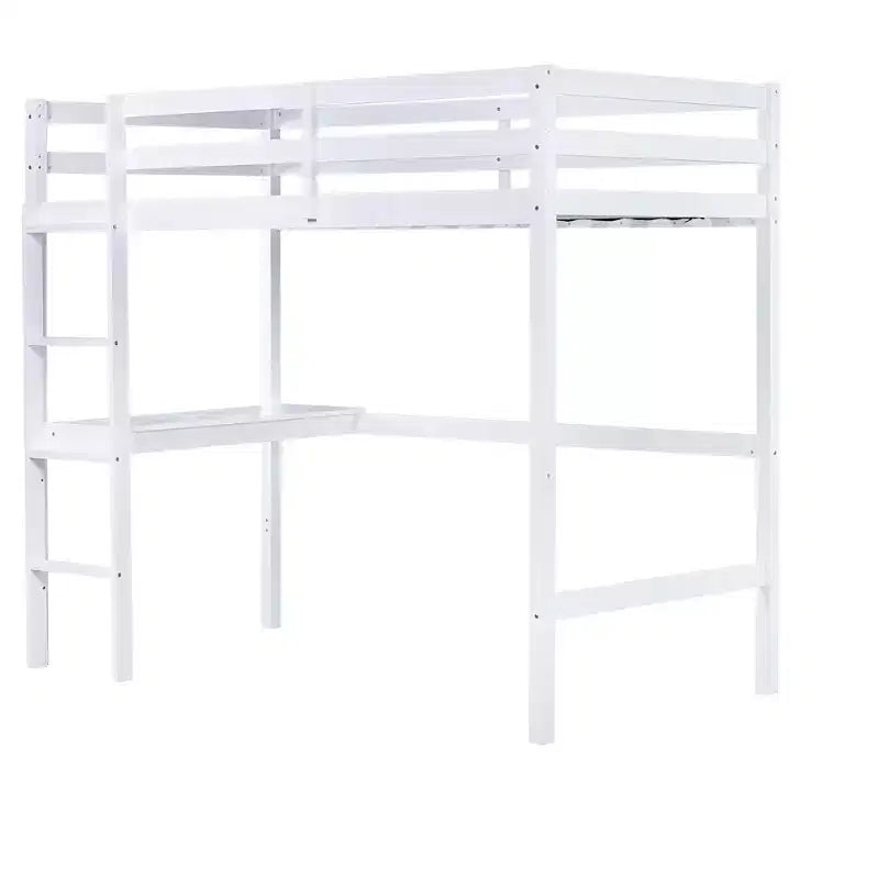 MAYEERTY Lit mezzanine double, lit mezzanine en bois d'hévéa avec garde-corps de sécurité, bureau intégré blanc