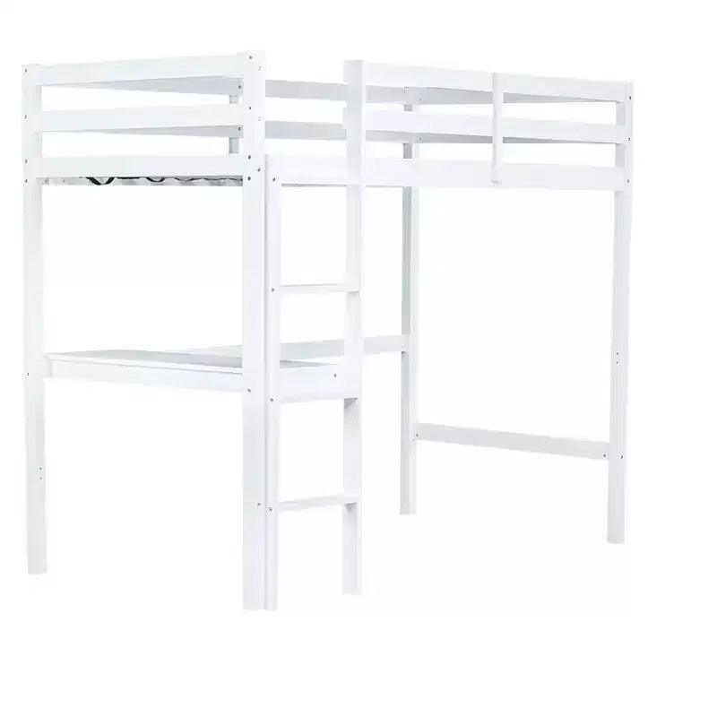 MAYEERTY Lit mezzanine double, lit mezzanine en bois d'hévéa avec garde-corps de sécurité, bureau intégré blanc
