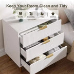 Commode Acekool en bois cannelé à 3 tiroirs, commode moderne de 71 cm de large, organiseur de rangement pour chambre à coucher avec poignée dorée pour salon, entrée, couloir