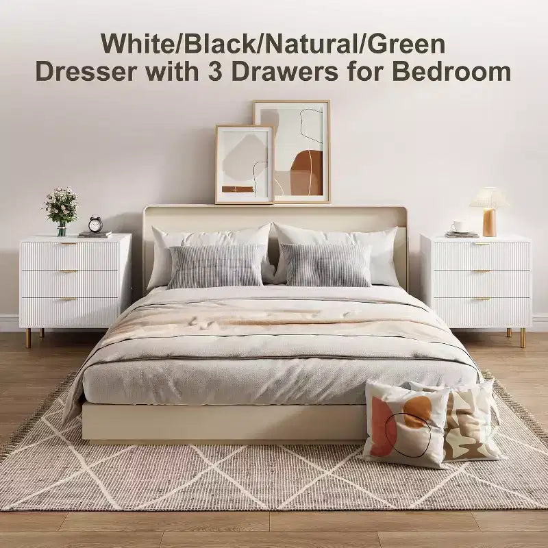 Commode Acekool en bois cannelé à 3 tiroirs, commode moderne de 71 cm de large, organiseur de rangement pour chambre à coucher avec poignée dorée pour salon, entrée, couloir