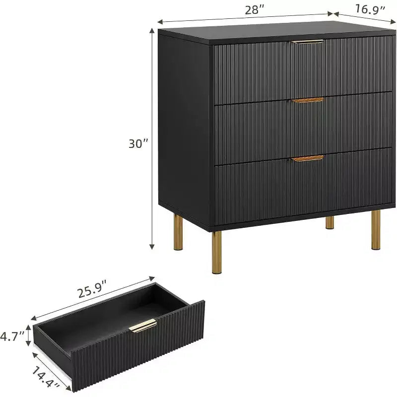 Commode Acekool en bois cannelé à 3 tiroirs, commode moderne de 71 cm de large, organiseur de rangement pour chambre à coucher avec poignée dorée pour salon, entrée, couloir