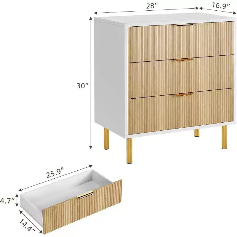 Commode Acekool en bois cannelé à 3 tiroirs, commode moderne de 71 cm de large, organiseur de rangement pour chambre à coucher avec poignée dorée pour salon, entrée, couloir