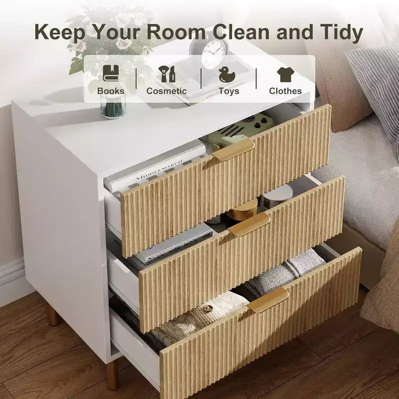 Commode Acekool en bois cannelé à 3 tiroirs, commode moderne de 71 cm de large, organiseur de rangement pour chambre à coucher avec poignée dorée pour salon, entrée, couloir