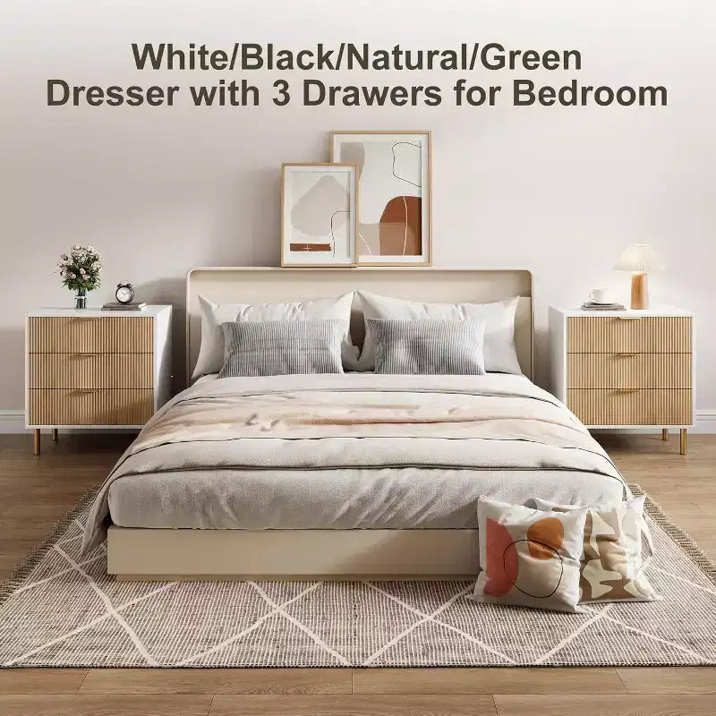 Commode Acekool en bois cannelé à 3 tiroirs, commode moderne de 71 cm de large, organiseur de rangement pour chambre à coucher avec poignée dorée pour salon, entrée, couloir
