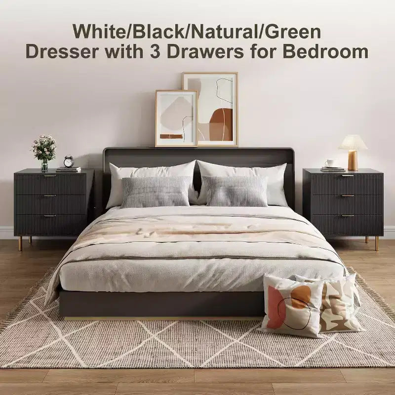 Commode Acekool en bois cannelé à 3 tiroirs, commode moderne de 71 cm de large, organiseur de rangement pour chambre à coucher avec poignée dorée pour salon, entrée, couloir