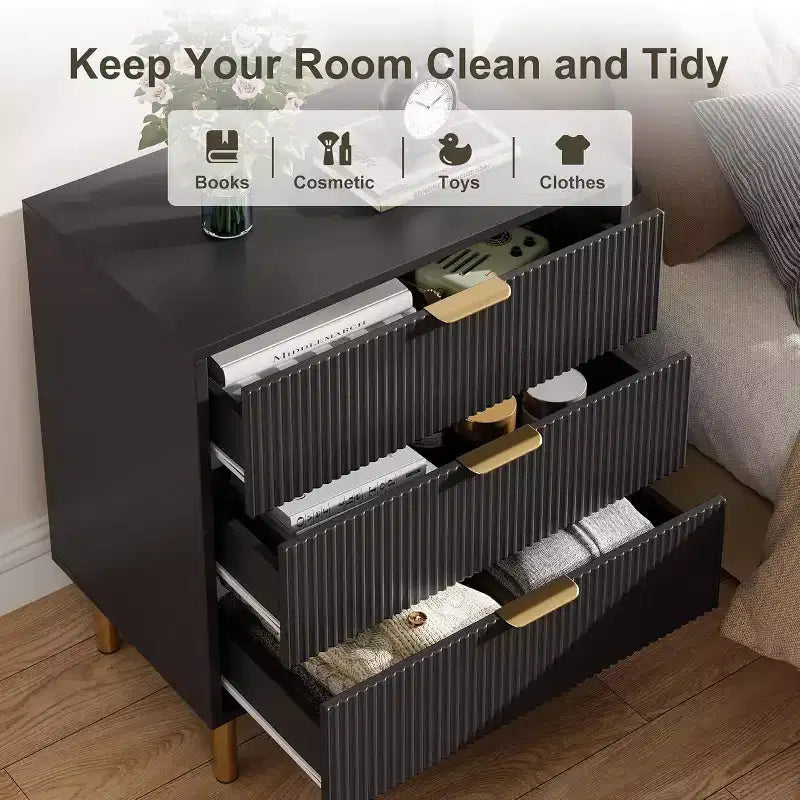 Commode Acekool en bois cannelé à 3 tiroirs, commode moderne de 71 cm de large, organiseur de rangement pour chambre à coucher avec poignée dorée pour salon, entrée, couloir