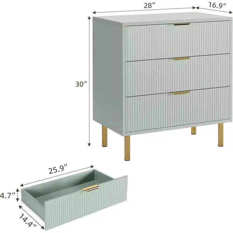 Commode Acekool en bois cannelé à 3 tiroirs, commode moderne de 71 cm de large, organiseur de rangement pour chambre à coucher avec poignée dorée pour salon, entrée, couloir