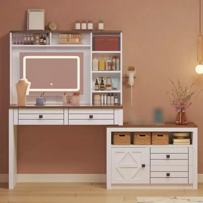 Coiffeuse avec miroir lumineux, bureau de maquillage avec 5 tiroirs, 6 étagères de rangement ouvertes, grande coiffeuse extensible avec station de recharge, verre