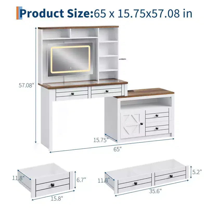 Coiffeuse avec miroir lumineux, bureau de maquillage avec 5 tiroirs, 6 étagères de rangement ouvertes, grande coiffeuse extensible avec station de recharge, verre