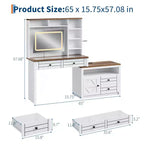 Coiffeuse avec miroir lumineux, bureau de maquillage avec 5 tiroirs, 6 étagères de rangement ouvertes, grande coiffeuse extensible avec station de recharge, verre