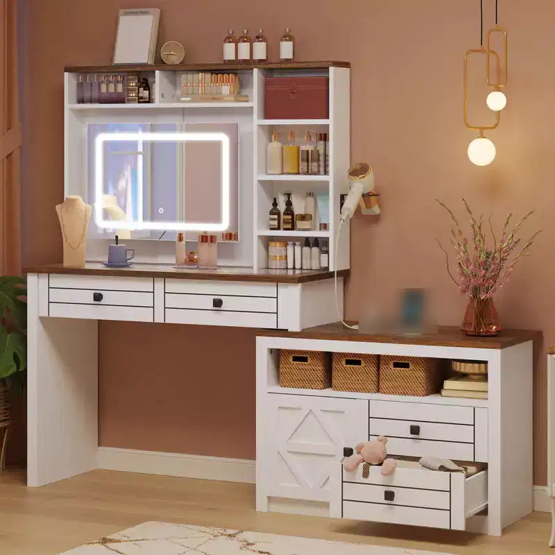 Coiffeuse avec miroir lumineux, bureau de maquillage avec 5 tiroirs, 6 étagères de rangement ouvertes, grande coiffeuse extensible avec station de recharge, verre