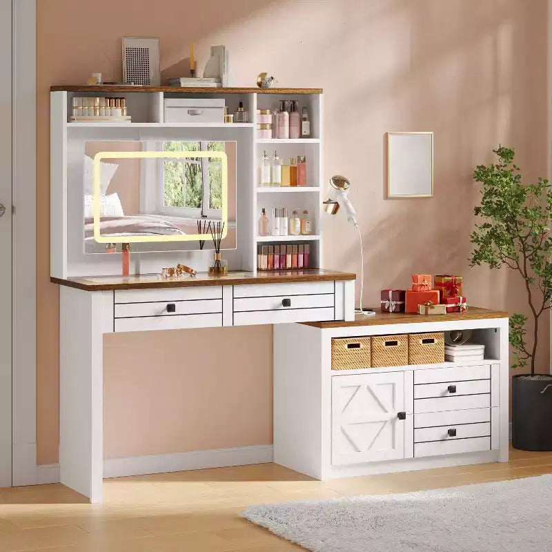 Coiffeuse avec miroir lumineux, bureau de maquillage avec 5 tiroirs, 6 étagères de rangement ouvertes, grande coiffeuse extensible avec station de recharge, verre