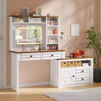 Coiffeuse avec miroir lumineux, bureau de maquillage avec 5 tiroirs, 6 étagères de rangement ouvertes, grande coiffeuse extensible avec station de recharge, verre