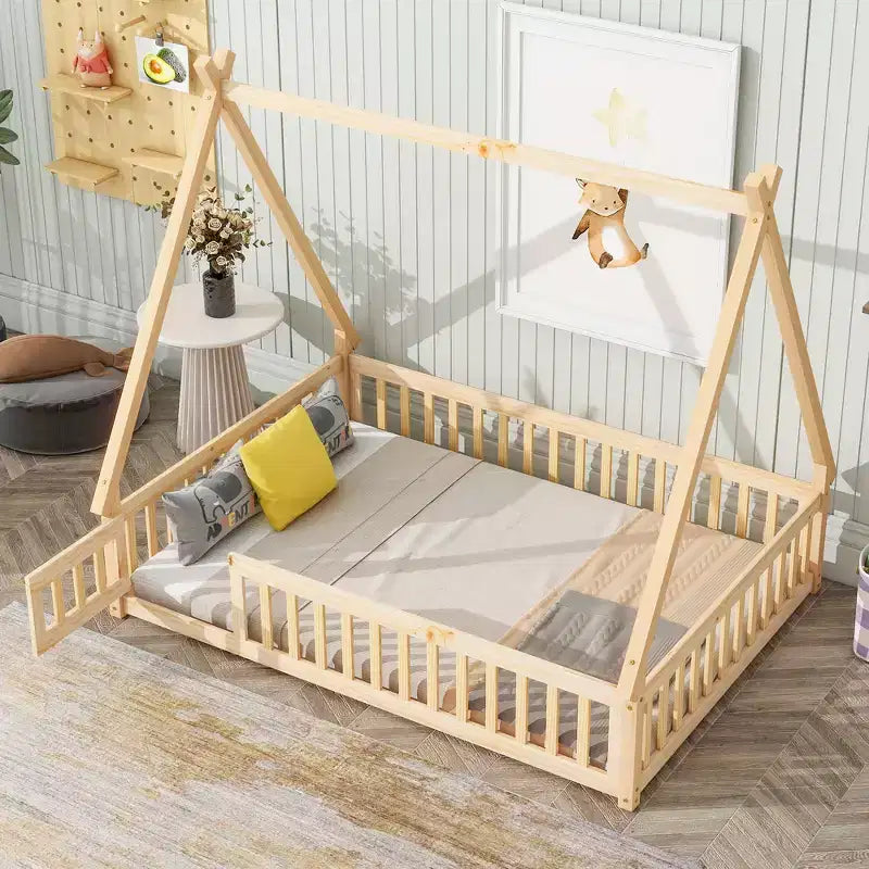 MAYEERTY Lit au sol en forme de tente avec barrières, porte, beige