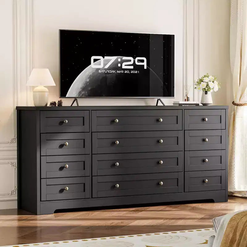 Commode à 12 tiroirs pour chambre à coucher, commode en bois moderne avec plateau large pour téléviseur 65", meuble de rangement de style ferme pour salon et couloir