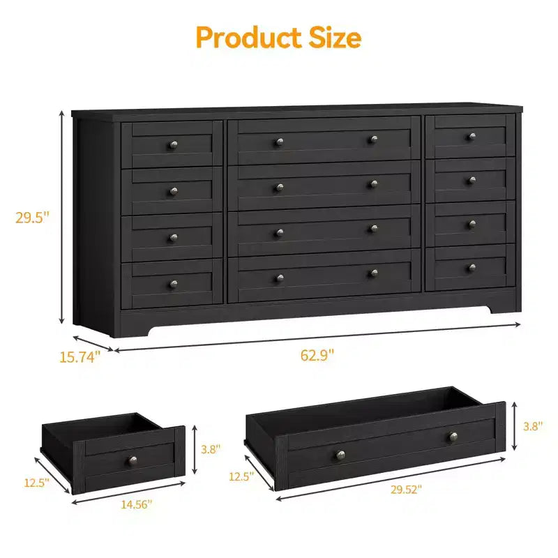 Commode à 12 tiroirs pour chambre à coucher, commode en bois moderne avec plateau large pour téléviseur 65", meuble de rangement de style ferme pour salon et couloir