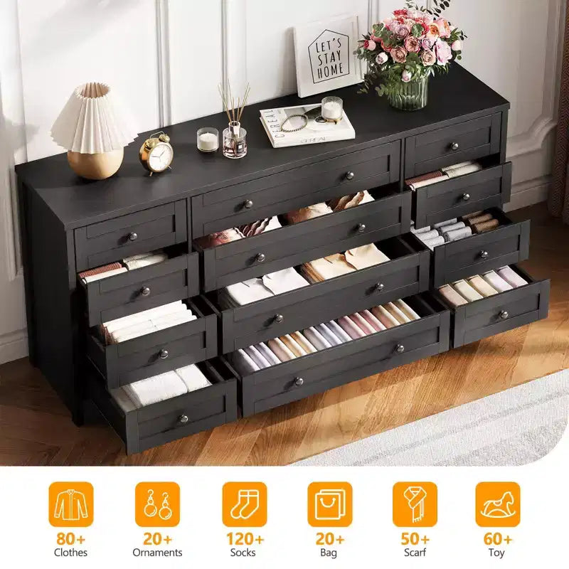 Commode à 12 tiroirs pour chambre à coucher, commode en bois moderne avec plateau large pour téléviseur 65", meuble de rangement de style ferme pour salon et couloir