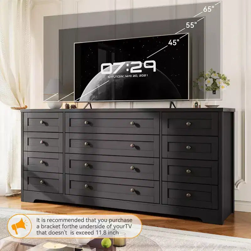 Commode à 12 tiroirs pour chambre à coucher, commode en bois moderne avec plateau large pour téléviseur 65", meuble de rangement de style ferme pour salon et couloir