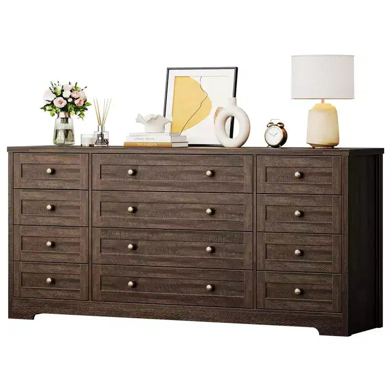 Commode à 12 tiroirs pour chambre à coucher, commode en bois moderne avec plateau large pour téléviseur 65", meuble de rangement de style ferme pour salon et couloir