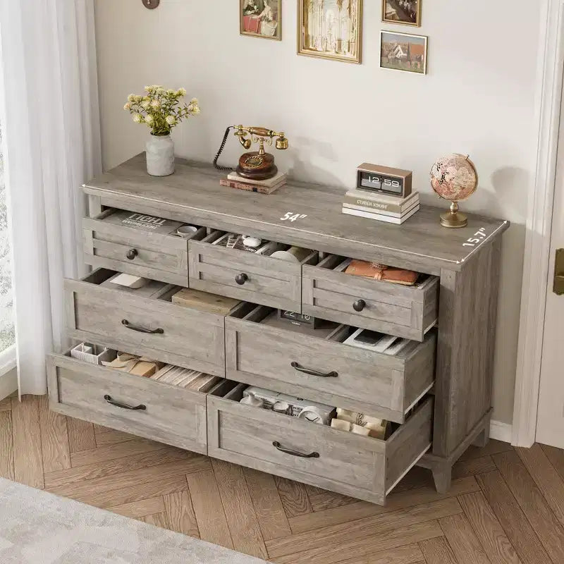Commode 7 tiroirs Garvee pour chambre à coucher, commode de 137 cm de large avec rangement autonome, commode de rangement en bois pour salon, chambre à coucher