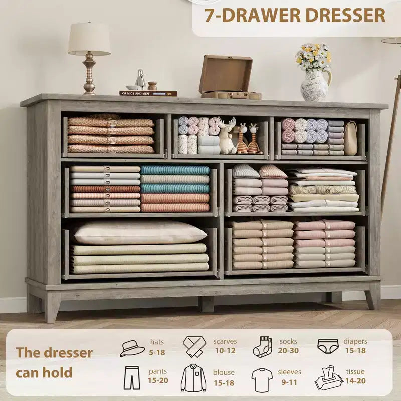 Commode 7 tiroirs Garvee pour chambre à coucher, commode de 137 cm de large avec rangement autonome, commode de rangement en bois pour salon, chambre à coucher