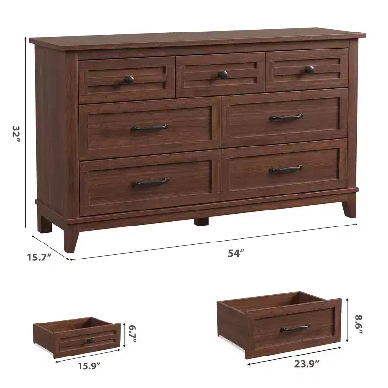 Commode 7 tiroirs Garvee pour chambre à coucher, commode de 137 cm de large avec rangement autonome, commode de rangement en bois pour salon, chambre à coucher