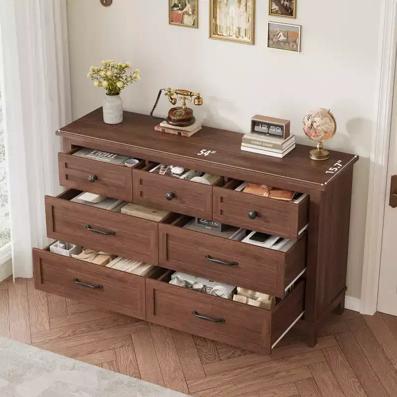 Commode 7 tiroirs Garvee pour chambre à coucher, commode de 137 cm de large avec rangement autonome, commode de rangement en bois pour salon, chambre à coucher
