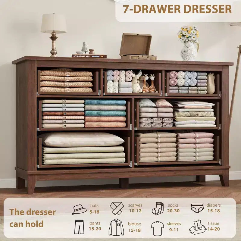 Commode 7 tiroirs Garvee pour chambre à coucher, commode de 137 cm de large avec rangement autonome, commode de rangement en bois pour salon, chambre à coucher