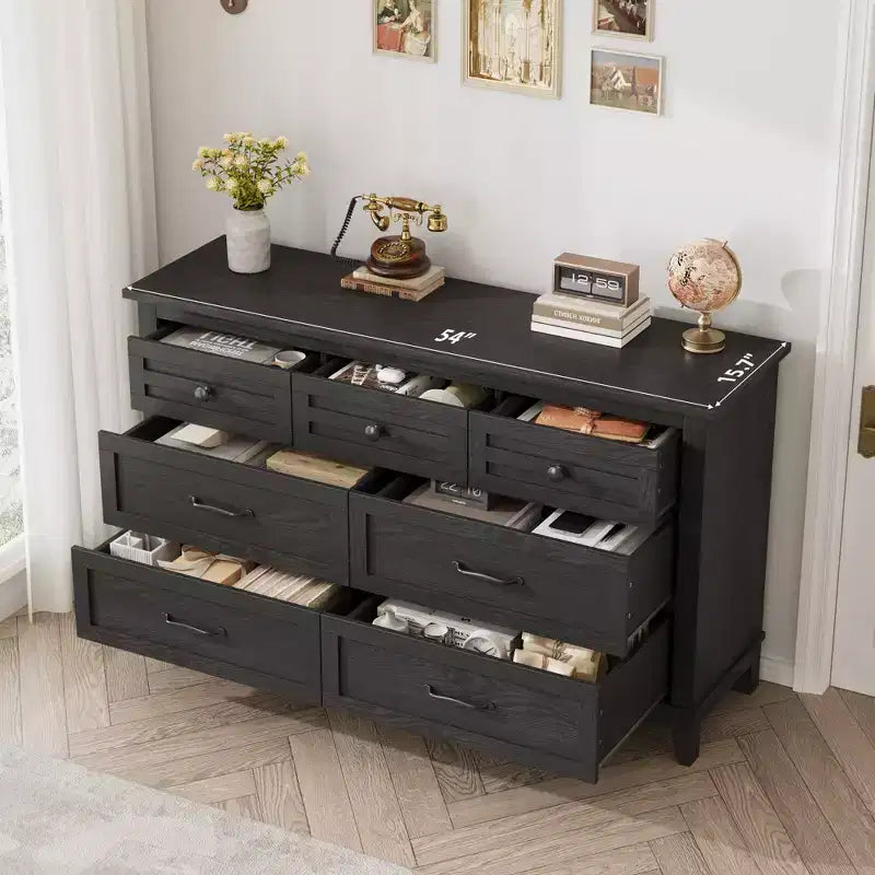 Commode 7 tiroirs Garvee pour chambre à coucher, commode de 137 cm de large avec rangement autonome, commode de rangement en bois pour salon, chambre à coucher