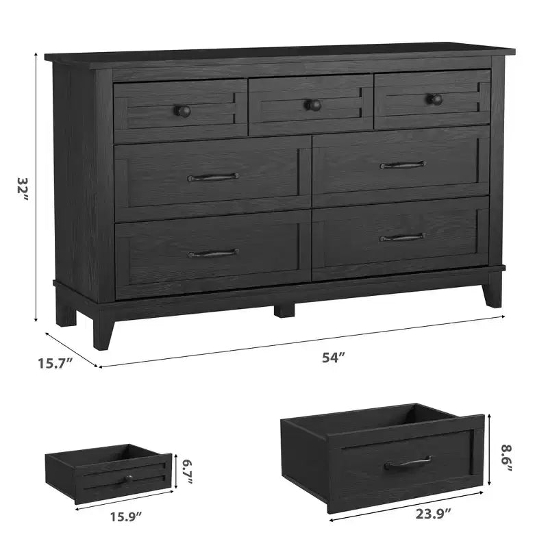 Commode 7 tiroirs Garvee pour chambre à coucher, commode de 137 cm de large avec rangement autonome, commode de rangement en bois pour salon, chambre à coucher