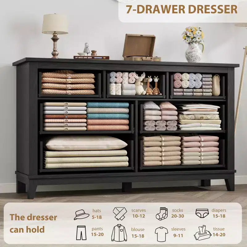 Commode 7 tiroirs Garvee pour chambre à coucher, commode de 137 cm de large avec rangement autonome, commode de rangement en bois pour salon, chambre à coucher