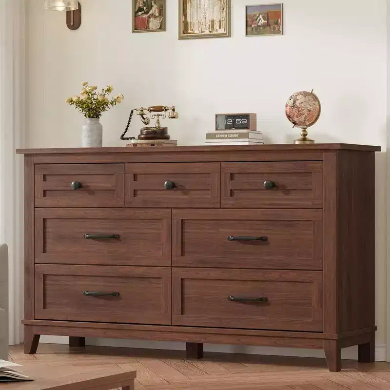 Commode 7 tiroirs Garvee pour chambre à coucher, commode de 137 cm de large avec rangement autonome, commode de rangement en bois pour salon, chambre à coucher
