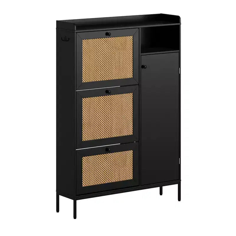 Meuble à chaussures autoportant CuisinSmart à 3 niveaux avec rotin naturel, organisateur de chaussures avec étagères réglables, range-chaussures étroit pour couloir, noir
