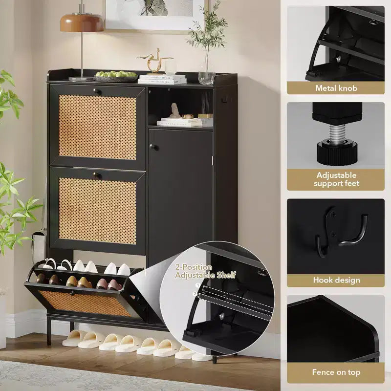 Meuble à chaussures autoportant CuisinSmart à 3 niveaux avec rotin naturel, organisateur de chaussures avec étagères réglables, range-chaussures étroit pour couloir, noir