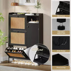 Meuble à chaussures autoportant CuisinSmart à 3 niveaux avec rotin naturel, organisateur de chaussures avec étagères réglables, range-chaussures étroit pour couloir, noir