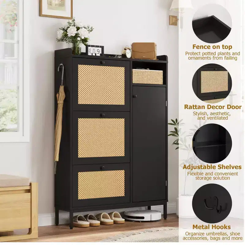 Meuble à chaussures autoportant CuisinSmart à 3 niveaux avec rotin naturel, organisateur de chaussures avec étagères réglables, range-chaussures étroit pour couloir, noir
